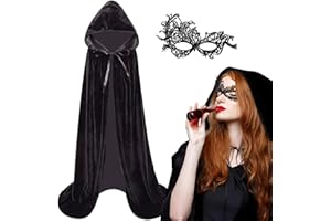 KYOEOE Halloween Kostüm Damen Schwarzer Umhang mit Maske Set,140/150/170cm Samt Umhang mit Kapuze Vampir Umhang Darth Mittelalter Cape für Halloween Karneval Fasching Partys Maskerade Kostüme