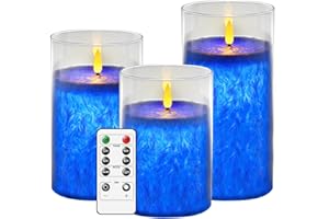 AnnSpa 3 Sets Candele tremolanti senza fiamma Candele a colonna a LED tremolanti in vetro a batteria con telecomando per feste, matrimoni, feste di Natale, H 4'' 5'' 6'', （Vetro Trasparente Blu）