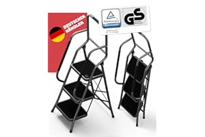 ‎STACKMEISTER Sicherheitsleiter 3 Stufen Klappbar I TÜV Rheinland Zertifiziert I Belastbar bis 150kg I Anti-Rutsch-Füße und Trittstufen I Trittleiter mit Handlauf I Sicherheitsleiter für Senioren I Anthrazit