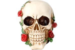 Cikonielf Figurka z żywicy czaszka szkielet z kwiatem róży straszna głowa rzeźba rzemiosło na świąteczną dekorację domu