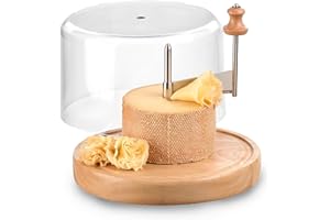 Iris Barcelona Cortador de Queso Horizontal con Tabla de Madera Redonda y Tapa Transparente, Eje Central Giratorio con Cuchilla para Cortar Virutas y Flores de Queso Ø22cm