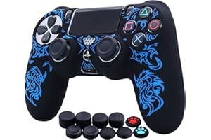 HLRAO Lasergravur Drachen Silikon Hülle Skin Case (Strahlung) für PS4/Slim/Pro Controller x 1 Mit Pro aufsätze Thumb Grips x 10.