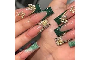 GlamRays Pack of 24 Long Press On Green French Rhinestone Square False Nails with Nail Glue for Women