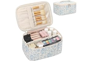 RELAVEL Make-up-Tasche, Tragbare Kosmetische Tasche, Reise-Make-up-Fall-Organisator der großen Kapazität, Schwarz für Frauen-Toilettentasche für Mädchen, die mit Griff und Teiler Reisen (A-blauer blumendruck)