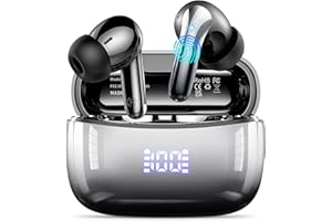 WeurGhy Cuffie Bluetooth, Auricolari Bluetooth 5.3 Stereo HiFi con 4 HD Mic, Cuffie Wireless Cancellazione Rumore, 50 Ore di Riproduzione, IPX7 Impermeabili Cuffiette con Display LED, Grafite-Argento