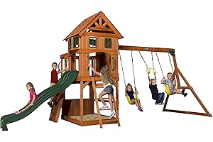 Backyard Discovery Atlantis 100% Cedar Wood Swing Set | Outdoor Playground for Kids | Garden Climbing Frame for Children | 1 Trapeze and 2 Belt Swings | 2.4m Wave Slide | Rock Wall
