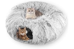 NATNAV Katzentunnel Rund mit Katzenbett Flauschig, Weicher Plüsch Katzen Donut Tunnel für Kleine Mittlere und Große Katzen,als Schlafplatz und Multifunktionales Katzenspielzeug Set (Grau)