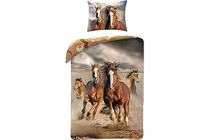 HALANTEX Biancheria da letto in cotone, 140 x 200 cm + 70 x 90 cm, motivo cavalli animali + zaino