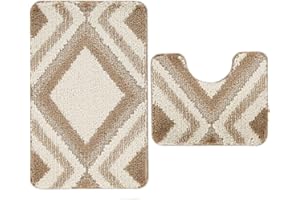 Nest & Nibble Bath Mats 2 Piece Set Non Slip Bath Mat & Toilet Rug – Soft Microfiber, Quick Dry, Machine Washable, Water Absorbent Shower Mats – Bathroom Carpet Essentials (Beige Design1, 50x80)