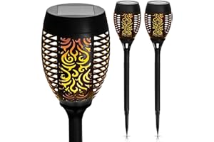 Garden Mile® - Juego de 4 antorchas solares con efecto de llama, con llama parpadeante, patrón tribal, luces de jardín, luces de jardín, iluminación de patio exterior, moderna antorchas Tiki (4)