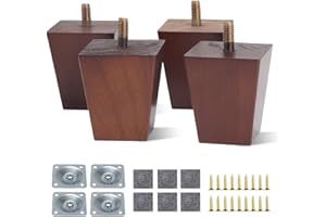 AWBEOT 4 Piedini per Mobili in Legno da 6 cm, Gambe per Mobili in Legno, Gambe Quadrate, Gamb di Ricambio per Divano,con Piastra di Montaggio,Pad Antiscivolo,Viti,per Tavolo,Letto,Armadio,colore noce