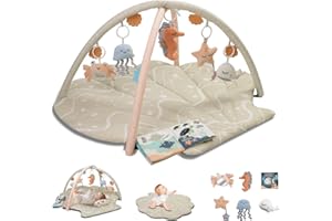 Suihuooo Spielbogen Baby, Ozean Muschel Thema Spieldecke Baby, Baby Gym mit 6 abnehmbare Aktivität Spielzeug, frühe sensorische Entwicklung Baby Play Mat für Kleinkind & Neugeborene (Beige)