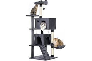 PawHut Tiragraffi per Gatti Alto 140 cm, Albero per Gatti Multilivello con 3 Pali Graffiatoi, 2 Grotte, Cuccia, Amaca, 2 Pompon, Piattaforma e Scala, Torre per Gattini, in Peluche, Grigio Scuro
