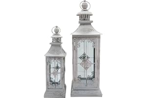 Rebecca Mobili Set Lanterne Shabby, 2 Porta Candele Fiori Decorative Bianche, Metallo Pvc, Per Feste Matrimoni - Misure: 55 x 17,5 x 17,5 cm (HxLxP) - Art. RE6655