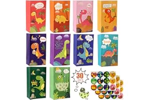 OEMG 30 Sacchetti Regalo di Carta Caramelle Compleanno Bambini, Buste Festa Dinosauri Kraft Colorata con 36 Adesivi, 22x13x8cm