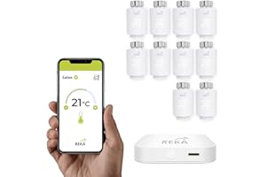 Tête Thermostatique Intelligente Connectée REKA - Contrôle Température Via Appli Tuya, Programmation, Détection Fenêtres Ouvertes - Compatible Assistants Vocaux (10, avec Passerelle)