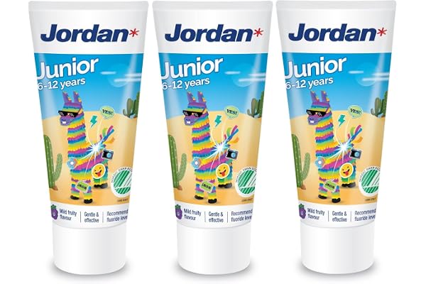 Jordan ® | Junior tandkräm | 6–12 år | Med fluor | junior karies skydd mild frukt smak tandvård för mjölktänder och permanenta tänder mild formel utan SLS daglig