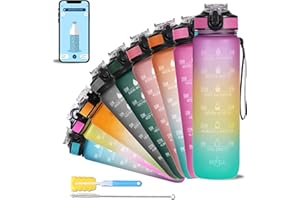 SOLARA Unbreakable 32oz Water Bottle with Motivational Time Marker, Sipper Bottle with straw, Water bottle for Gym Office| Mobile app with Drinking water reminder | Ombre Purple Yellow Mint