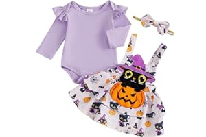 ESSECMBS Säugling Baby Mädchen Halloween Strampler Rock 3pcs Bekleidungsset Langarm Rüschen Schulter Body Hosenträger Kürbis Geist Rock Stirnband Mädchen Allerheiligen Kleidung