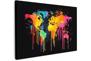 MuchoWow© Impressions sur Toile 120x80 cm Deco Tableau Murale Decoration Salon Peinture Tableaux Chambre Toiles Maison Carte du monde - Peinture - Coloré - Graffiti - Monde