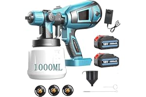 ANUPTTA Pistola a Spruzzo, Compatibile con Makita,18V Spruzzatori di Vernice con 2 Ugelli in Rame e Filtro,Capacità 1000ml, con Batteria 2x5500mah e Caricabatterie, Per Verniciatura Di Pareti, Soffitti