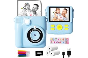 GKTZ Appareil Photo Instantané Enfant - 1080P HD Appareil Photo Numérique, Jouet avec 32GB Carte et 3 Rouleaux de Papier, Cadeaux d'anniversaire pour Filles et Garçons de 4-12 Ans, Bleu