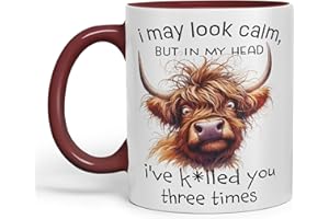 Vixar I May Look Calm, but in My Head I've k*lled You Three Times Highland Cow Joke sarkasm Sarcastic Ceramic Coloured Mug Cup for Tea Coffee Hot Brew 330ml 11Oz Gift (Maroon)