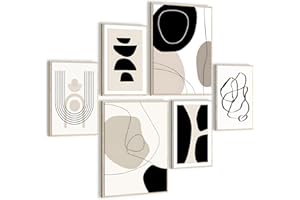 HONEYBABY Abstract Wall Art for Living Room Boho Minimalist Botanical Framed Canvas Wall Art for Bedroom Walls Mid Century Geometric Wall Art Prints for Home Office Set of 6