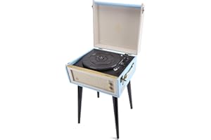GPO Bermuda Retro Record Player with Removable Legs, Bluetooth Turntable with Built-in Speaker, MP3, USB, Vinyl Player Compatible with External Speakers, Blue