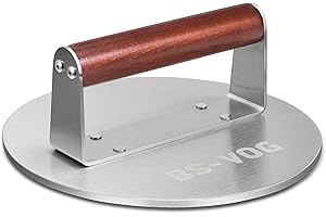 BS-VOG 21,6 cm Smashed Burger Press, 1,15 kg Peso Elevato con Manico in Legno, Pressa per Hamburger in Acciaio Inox per Carne, Patty, Steak, Bacon, Salsiccia, Accessori per Barbecue Professionale