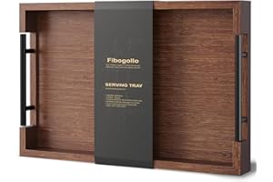 Fibogollo Bamboo Serving Tray with Metal Handles,38x25cm Ottoman Decorative Trays Platter for Coffee Table,Living Room,Bar,Party,Small(Brown)