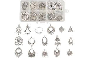 SUNNYCLUE 64pcs 16 Styles Tibétain Boucle d'oreille Lustre Connecteur Charms Conclusions Boucles Bijoux Faire Kit pour Boucle d'oreille Drop et Charme Pendentif en Boîte de Rangement, Argent Antique