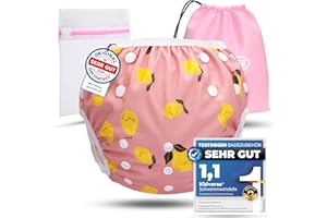 ‎KIDVERSE KIDVERSE Schwimmwindel Baby Badehose 0-3 Jahre - Hautfreundliche Schwimmwindeln wiederverwendbar & saugstark - Größenverstellbare Badewindel Baby Schwimmhose Tragetasche & Wäschenetz (Citrons)
