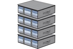 AiQInu Sac de rangement sous lit, Lot de 4 rangement sous lit Pliable Closet Organizer Sac Souple Grande Capacité avec Fenêtre Transparente Poignées Renforcées Organisateur à Glissière Non-tissé