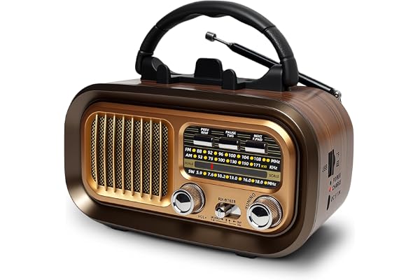 Poste Radio Portable, AM/FM/SW Radio a Pile, Rétro Radio Vintage Alimentée par des Piles Rechargeables ou D-Cell de 1200mAh Supportant USB/TF Card/TWS