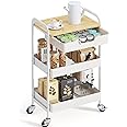 TOOLF 3-Tier Utility Cart with Wooden Board and Drawer, Metal Storage Cart with Handle, White Trolley Kitchen Organizer Rolling Desk with Locking Wheels for Office, Classroom, Home（Light Color）