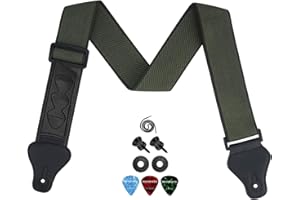 ROTOPATA Guitar Strap with 3 Pick Holders, Genuine Leather/PU Ends, Adjustable Length from 33" to 55", Soft Cotton Straps for Acoustic Bass Electric Guitars