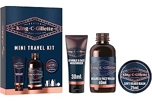 KING C. GILLETTE Gillette King C. Coffret Barbe Homme, Mini Kit De Voyage Soins De Visage Essentiels, Soin Hydratant Pour La Barbe De 3 Jours, Nettoyant, Baume Au Beurre De Cacao Pour Compléter La Routine De Rasage