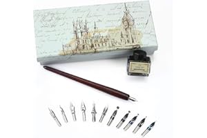 ‎TANSHOP TANSHOP Wooden Dip Ink Calligraphy Pen Gift Set for Beginners Handmade Writing Quill Pen with Ink, 11 Pieces Metal Nib