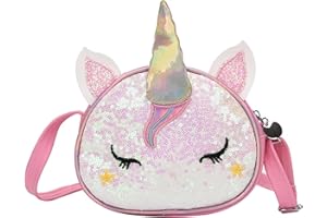 Teogneot Bolso Unicornio de Hombro,Brillo Lindo Monedero con Lentejuelasc,3D Bolsa de Mensajero（Rosa）