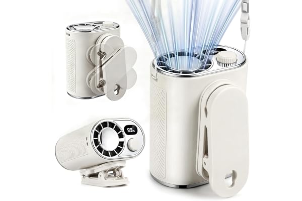 WHATOOK Bärbar bältesfläkt: 1–100 steglös hastighetskontroll, klämfläkt med 360° roterbar, digital display och 10 W powerbank