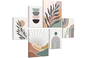 FAJERMINART 6Pcs Boho Vert Géométrique Lignes Tableau Decoration Murale Encadre Set, Violet Minimaliste Soleil Plantes Toile Peinture Abstrait Impression sur toile Posters Déco Murale pour Salon Chambre Cuisine