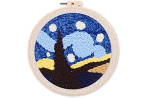 Figured'Art Punch Needle Kit de Bordado Adultos y Niños - Hermosa noche estrellada - Manualidades Kit de Aguja Mágica DIY completo - 20x20cm con bastidor circular