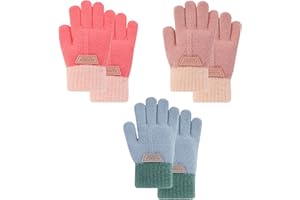 QKURT 3 Pares de Guantes de Punto para Niños, Guantes de Invierno Infantiles Cálidos, Guantes de Dedos Completos para Niños, Guantes Elásticos Mágicos para niños y niñas de 3 a 8 años