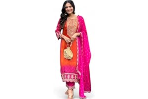 RANGMAHAL STORE RANGMAHAL Kurta Hose Set für Damen - Stickarbeit Indische Tunika Kurta Kleid - Chinon Seide Straight Kurti Palazzo Set