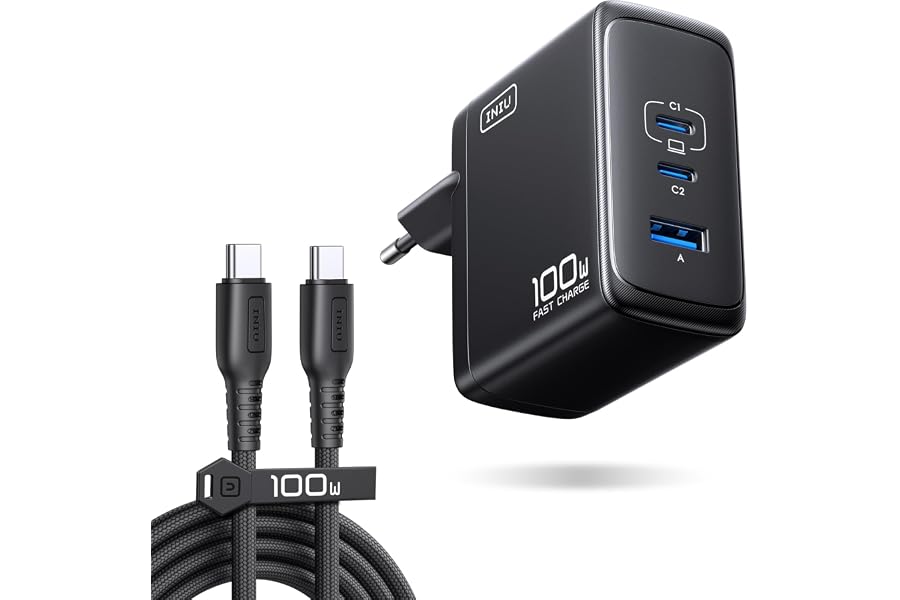 INIU Cargador USB C GaN 100W, 3-Puertos Cargador Rápido Compacto con Cable USB C de 100W 1.5m, Cargador de Viaje para Portáti