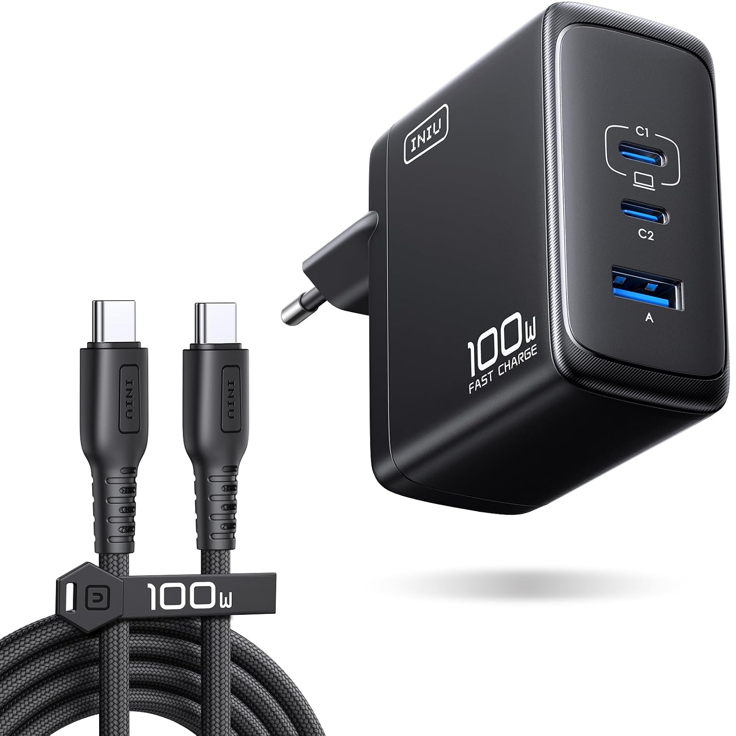 INIU Cargador USB C GAN 100W, 3-Puertos Cargador Rápido Compacto con Cable | Carga multidispositivo, Cargador de Viaje para Portátil MacBook Pro Air 14, iPhone 17 16 Pro Max iPad Samsung S26 Ultra Pixel