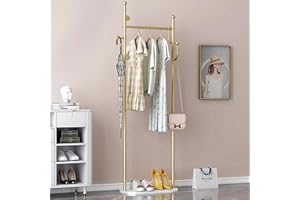 YENTAKE Garderobenständer, Kleiderständer aus Metall, Jackenständer mit 6 Haken für Schlafzimmer oder Büro (Goldener Wäschekorb ist nicht im inbegriffen)