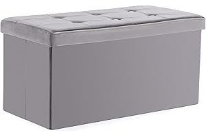 HNNHOME Storage Ottoman with Lid - 82 x 40 x 40 cm, Foldable Footstool with 109L Capacity, Velvet Blanket Box Chest, Bedroom Bench, Living Room (Grey, Large)