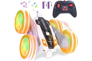 Vubkkty Remote Control Car, 360° Rotating RC Stunt Cars with Wheel Lights and Headlights, 4WD 2.4Ghz Double-Sided Fast and Flips RC Cars Toy for 6-12 Year Old Kids(Orange)